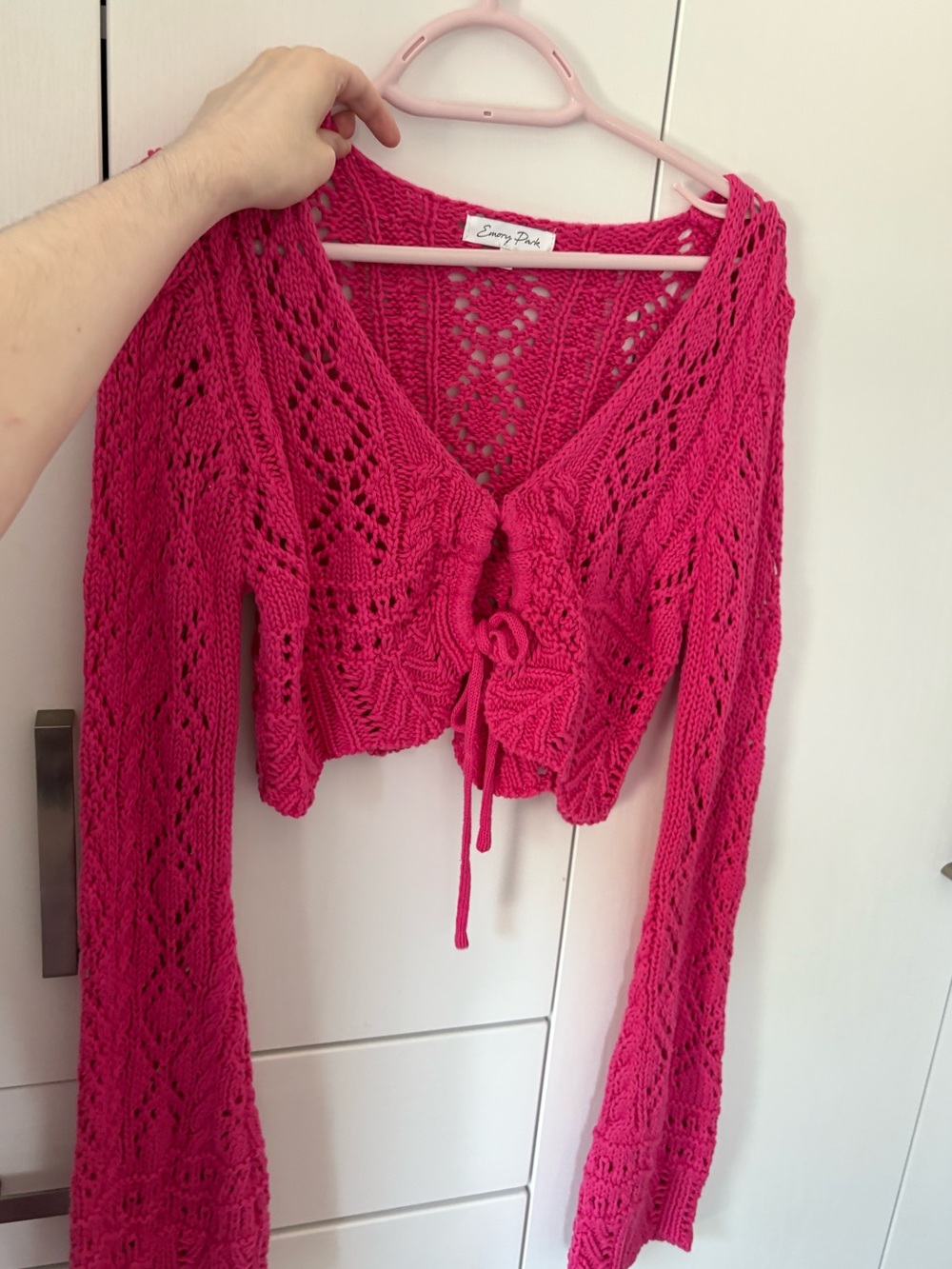 NWOT Honey Boutique emory park pink Open-Knit Tie-Front Crop Cardigan